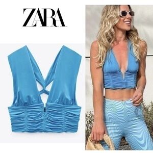 Zara blue ruched deep plunge V-neck halter crop top crisscross open back Sz XL